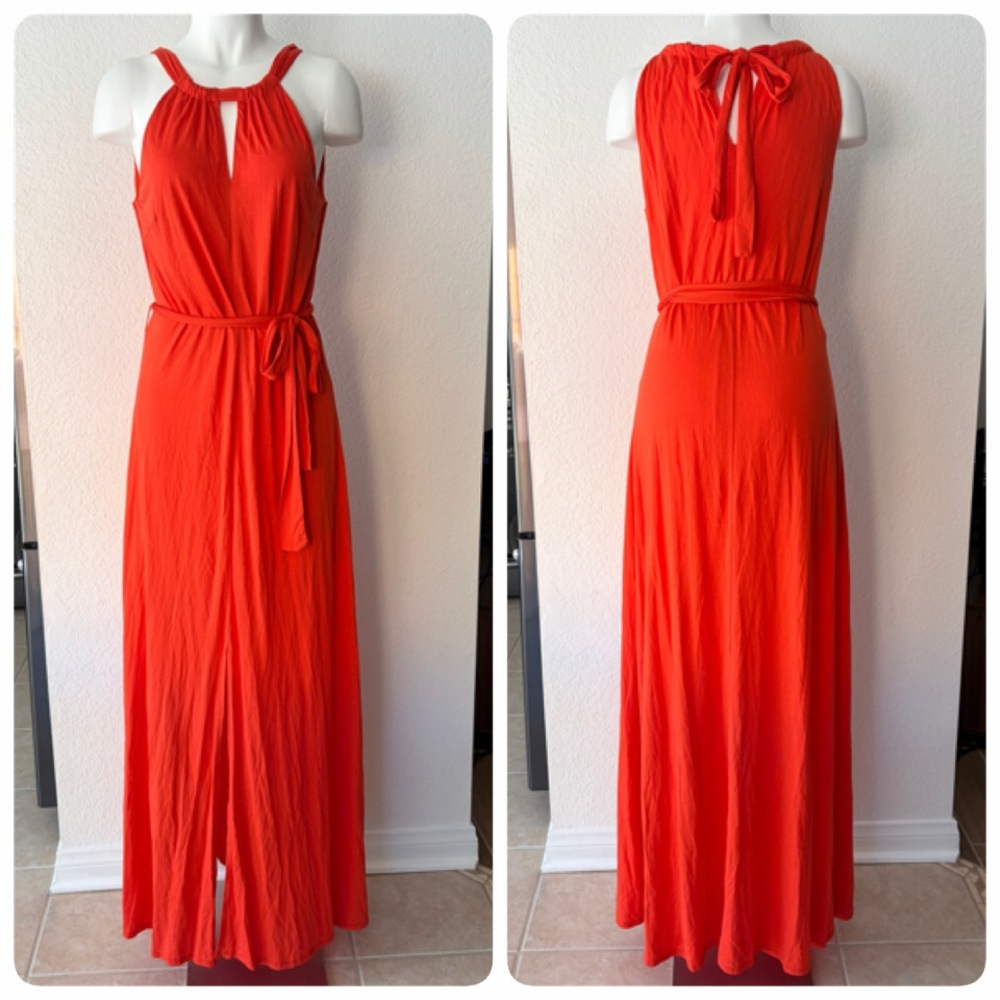 Ann Taylor Red-Orange Halter Jersey Maxi Dress